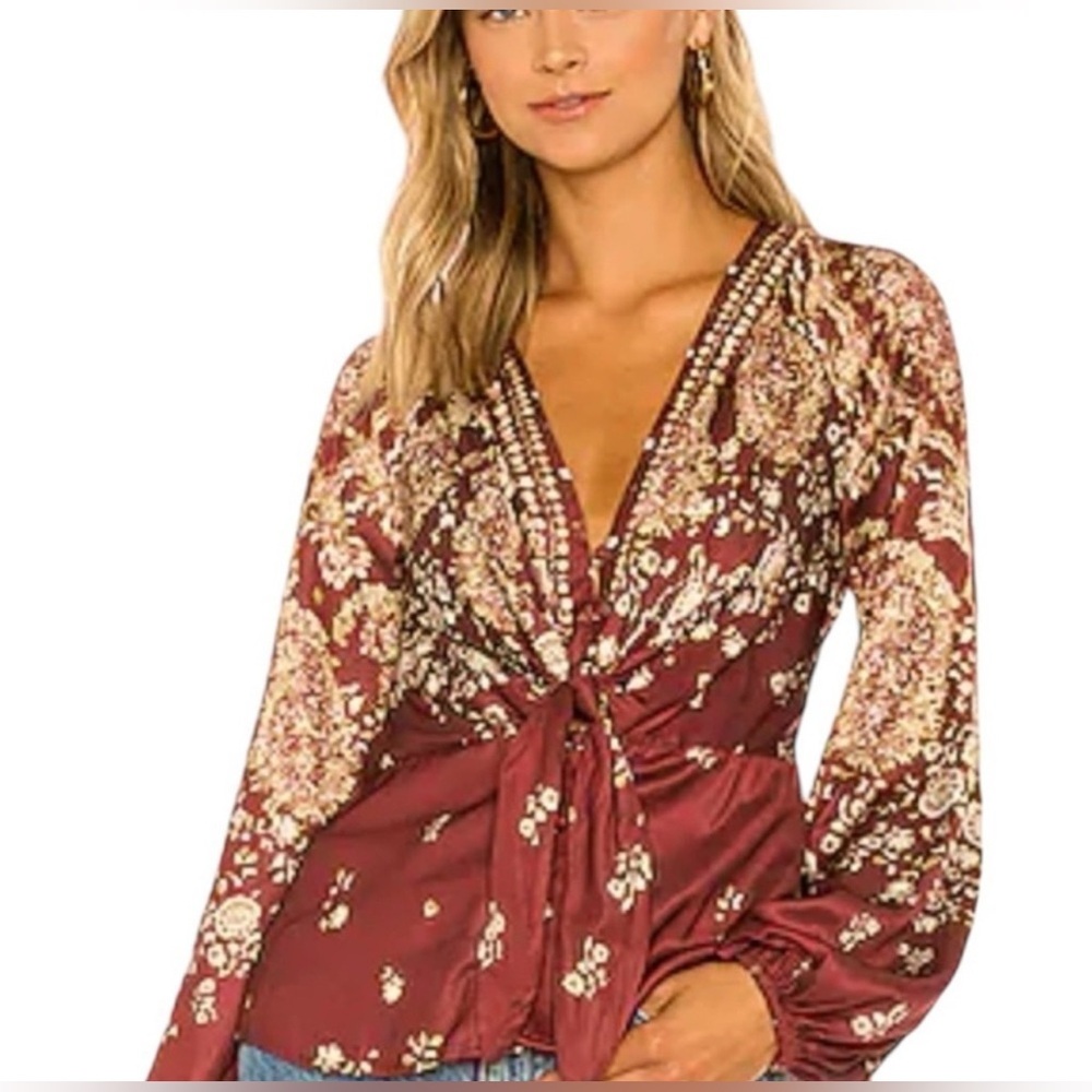 NWT Free People Run Free V-Neck Long Balloon Sleeve Chocolate Combo Size XS